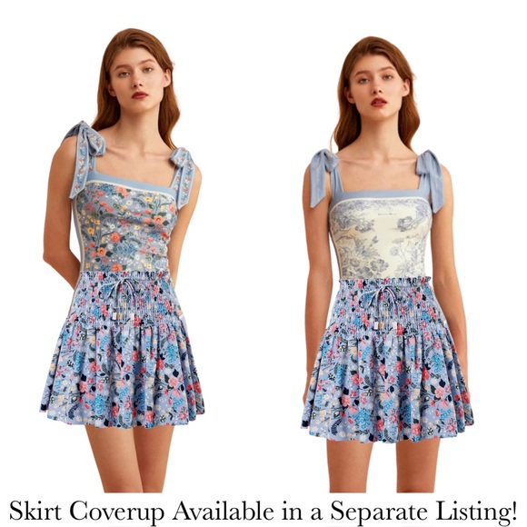 Retro Blue and White Floral Reversible Swimsuit with Shoulder Ties - Picture 11 of 16